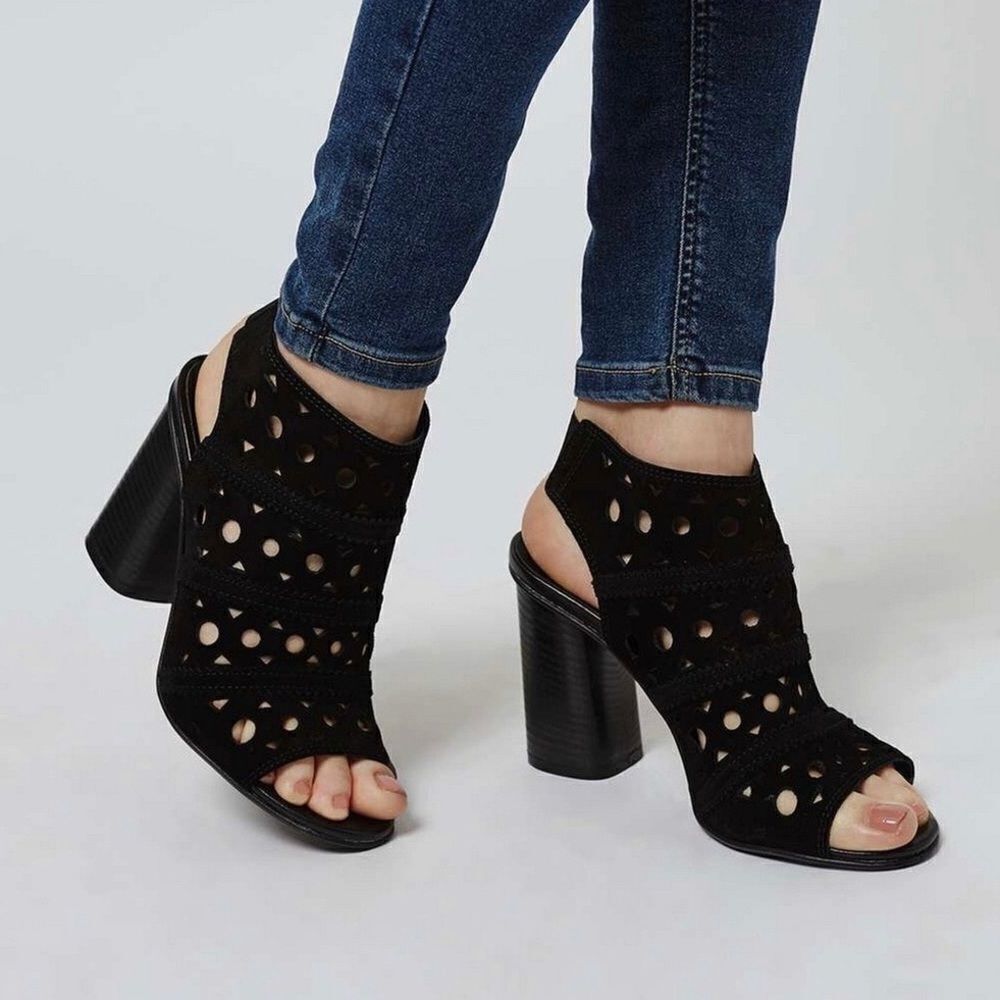 Topshop NUVO Black Suede Lasercut Sandal Bloc Heel‎